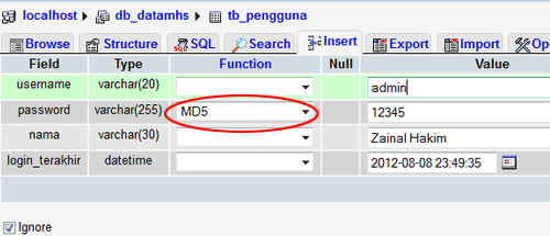 insert data tabel pengguna pada phpmyadmin